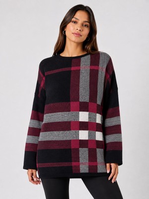 Neden Tekstil Kadın Oversize Triko Kazak Siyah Bordo Ekose Desen