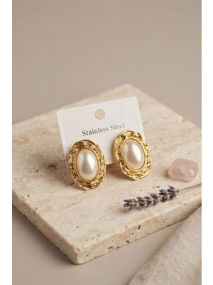 316L Gold Renk Gold Renk Vintage Beyaz Incili Model Küpe