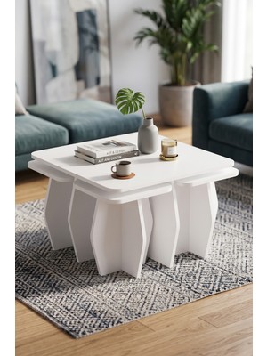 Ulu Pazarlama Orta Sehpa ve Zigon Sehpa 5'li Set Modern Çok Amaçlı Salon Oturma Odası Yan Sehpa 9247 Beyaz