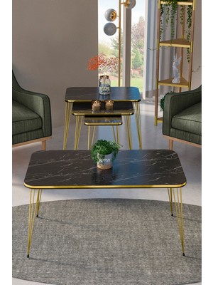 Bezos Gold Tel 4'lü Sehpa Seti Siyah