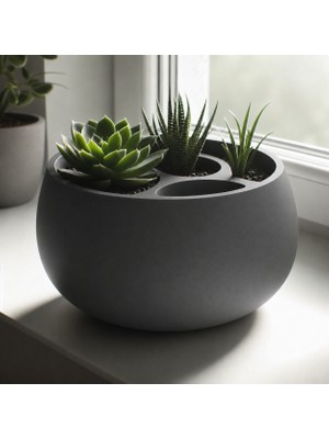 Bezos 3D Baskı 3lü Sukulent Saksısı Kalemlik Organizer - Dekoratif Masaüstü Bitki Saksısı-Gri