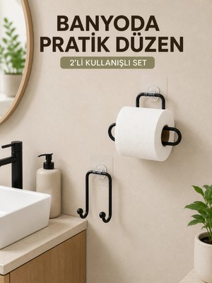 Negok Vidasız Banyo Seti Yapışkanlı Tuvalet Kağıdı Tutucu ve Havlu Askısı 2’li Set