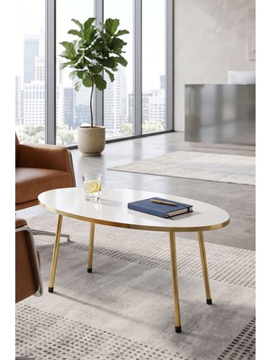 Ulu Pazarlama Gold Oval Sehpa Seti Beyaz 4'lü