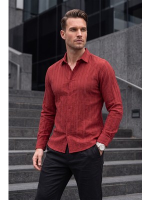 Deepsea Erkek Bordo Çizgili Pamuklu Rahat Kesim Yazlık Gömlek Uzun Kollu Gömlek 2602609