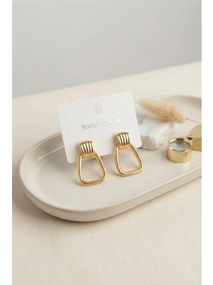 Renas Store Mey Ithalat® 316L Çelik Gold Renk Vintage Trapez Model Küpe