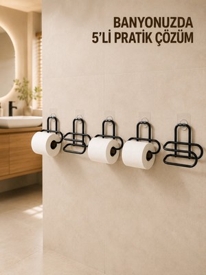 Renas Store Mey Ithalat® 5 Adet Duvara Yapışkanlı Wc Kağıtlık Delmeden Montaj Siyah Metal Tuvalet Kağıdı Askısı