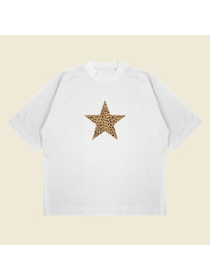 Tarzsokak Leopar Starz Baskılı Oversize Unisex Pamuklu Nefes Alan Kalın Kumaşlı