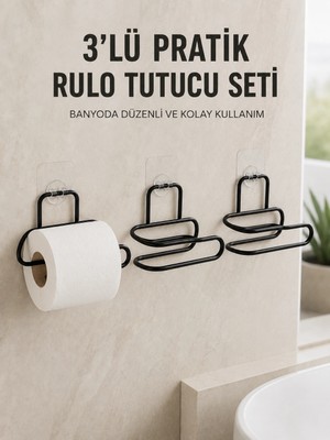 Renas Store 3’lü Yapışkanlı Tuvalet Kağıdı Tutucu Seti Siyah Duvar Tipi Rulo Kağıtlık