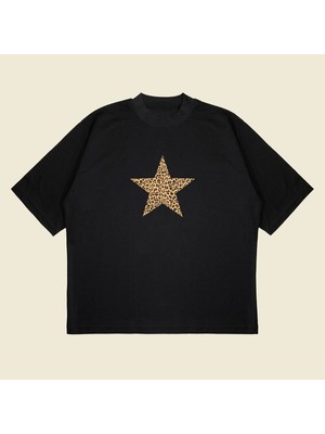 Tarzsokak Leopar Starz Baskılı Oversize Unisex Pamuklu Nefes Alan Kalın Kumaşlı