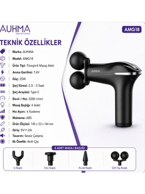 Auhma AMG18 Masaj Tabancası Masaj Aleti Masaj Cihazı 6 Hız 4 Başlık Type-C Şarjlı 3200 Rpm