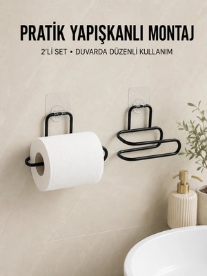Renas Store 2 Adet Yapışkanlı Wc Kağıtlık Siyah Metal Pratik Duvar Tipi Rulo Tutucu