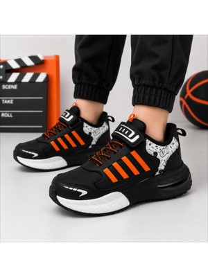 Black Flex Grafiti Çocuk Sneaker Ayakkabı Siyah Oranj 31-35