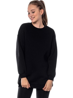 Tarzsokak Kadın Siyah Renk Uzun Kesim Basic Örme Sweatshirt