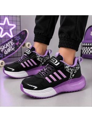 Black Flex Grafiti Çocuk Sneaker Ayakkabı Siyah Lila 31-35