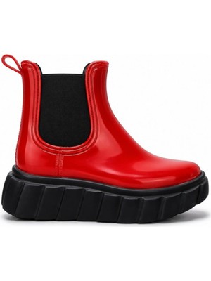 Black Flex Platform Taban Kadın Yağmur Botu Kırmızı 36-40
