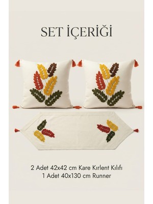 Buldan Natura Başak Renkli Yaprak Punch Nakışlı 3’lü Runner ve Kırlent Kılıfı Seti – 2 Adet 42×42 cm Kırlent + 40×130 cm Runner