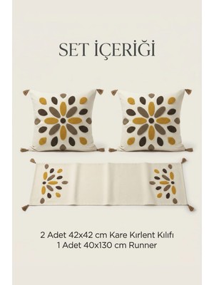 Buldan Natura Damla Renkli Punch Nakışlı 3’lü Runner ve Kırlent Kılıfı Seti – 2 Adet 42×42 cm Kırlent + 40×130 cm Runner – Renk: Kahve – Seçili ebat: 43×43 cm