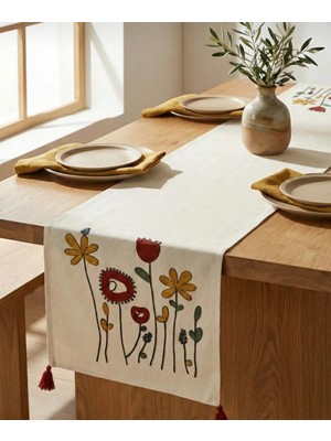 Buldan Natura Gelincik Çiçek Desenli Punch Nakışlı Pamuk Dokuma Dekoratif Runner 40×130 cm – Renk: Kiremit