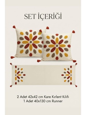 Buldan Natura Damla Renkli Punch Nakışlı 3’lü Runner ve Kırlent Kılıfı Seti – 2 Adet 42×42 cm Kırlent + 40×130 cm Runner