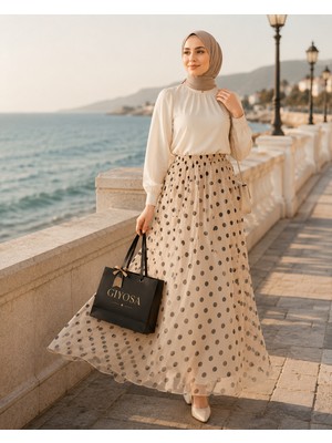 Kadın Beli Lastikli Puantiye Desenli Astarlı Tül Uzun Etek