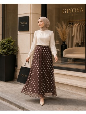 Kadın Beli Lastikli Puantiye Desenli Astarlı Tül Uzun Etek