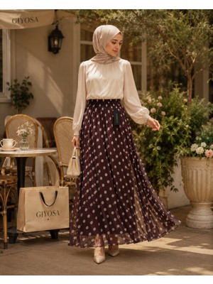 Kadın Beli Lastikli Puantiye Desenli Astarlı Tül Uzun Etek