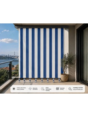 Taç Mavi Beyaz Çizgili Su Geçirmez Kornişli Bağcıklı Balkon Perdesi Branda Enxboy