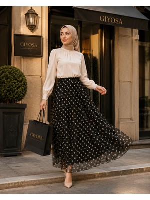Kadın Beli Lastikli Puantiye Desenli Astarlı Tül Uzun Etek