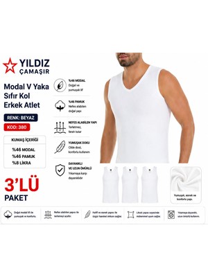 Yıldız Çamaşır Erkek Modal V Yaka Sıfır Kol Likralı Fanila Atlet (380-381)- 3 Adet