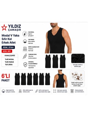 Yıldız Çamaşır Erkek Modal V Yaka Sıfır Kol Likralı Fanila Atlet (380-381)- 6 Adet