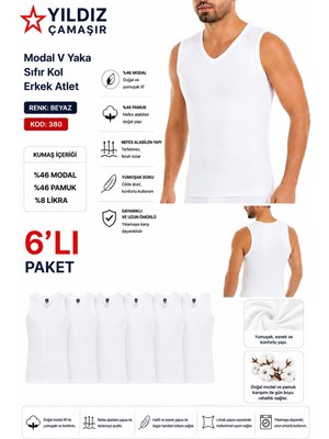 Yıldız Çamaşır Erkek Modal V Yaka Sıfır Kol Likralı Fanila Atlet (380-381)- 6 Adet