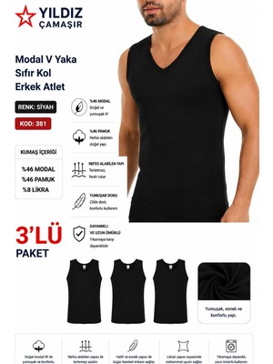 Yıldız Çamaşır Erkek Modal V Yaka Sıfır Kol Likralı Fanila Atlet (380-381)- 3 Adet