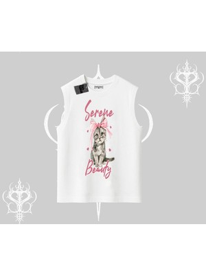 Tarzsokak Serene Beauty Kedi Baskılı Kolsuz Tshirt