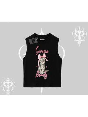 Tarzsokak Serene Beauty Kedi Baskılı Kolsuz Tshirt