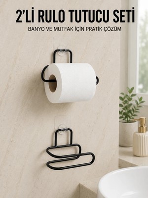Fiberliz 2’li Yapışkanlı Tuvalet Kağıdı Tutucu Siyah Metal Duvar Tipi Rulo Kağıtlık