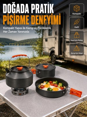 Fiberliz Alüminyum Kamp Pişirme Seti Katlanabilir Kulplu Çaydanlık Tencere Tava Outdoor Yemek Seti