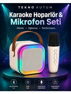 teknokutum TEKNO KUTUM Karaoke Hoparlör Kablosuz Mikrofonlu Bluetooth 5.3 RGB LED Işıklı Taşınabilir Parti Speaker Ses Sistemi