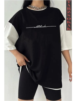 Tarzsokak Siyah Oversize Çift Renk Attiude Baskılı Unisex Tshirt