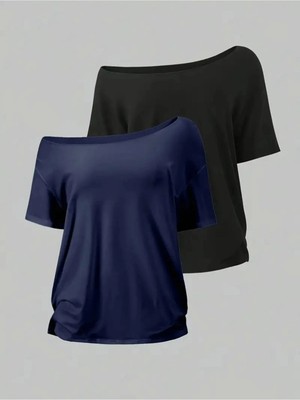 Tarzsokak Siyah Kadın Düşük Omuz Kayık Yaka Baskılı 2'li T-Shirt