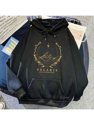 Tarzsokak Siyah Unisex Acotar Velaris Baskı Grafik Vintage Rahat Giyim Erkeksudaderas Pol