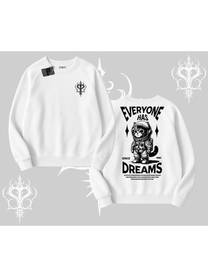 Tarzsokak Everyone Has Dreams Yazılı Astronot Kedi Arka Baskılı Biskilet Sweatshirt