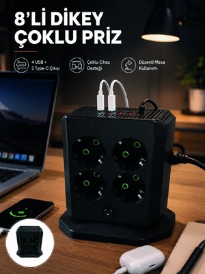 Yavuz Group 8'li Dikey Çoklu Priz 4 USB 2 Type-C Girişli Akım Korumalı Uzatma Prizi