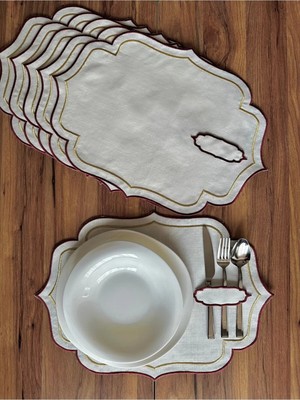 Nurhan Home Collection 6 Adet Bordo-Gold Çift Sıra Nakışlı Kaşıklıklı Amerikan Servis Supla
