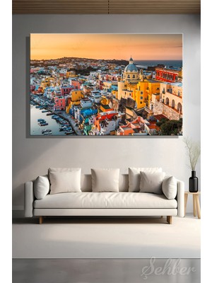 Şehber Italya Napoli Körfezi Procida Adası Tarihi Marina Corricella Sahil Şeridi Yatay Kanvas Tablo Tekli 3702