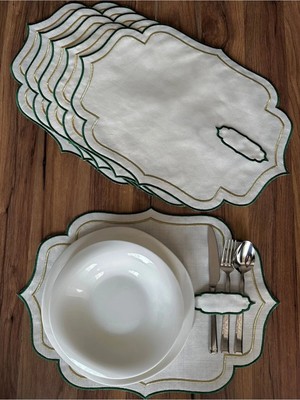 Nurhan Home Collection 6 Adet Yeşil-Gold Çift Sıra Nakışlı Kaşıklıklı Amerikan Servis Supla