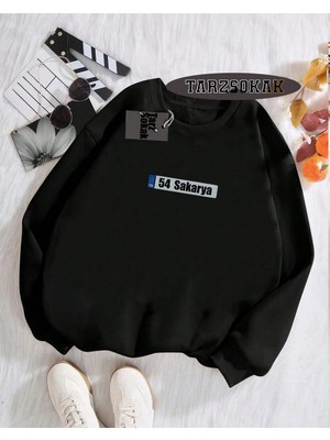 Tarzsokak Biskilet Yaka Sweatshirt Siyah 54 Sakarya Özel Tasarım Plaka Detaylı