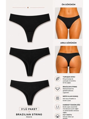 Ka Art Gallery 3lü BRAZİLİAN STRİNG. Premium Pamuklu Basic Normal Bel Külot. Siyah
