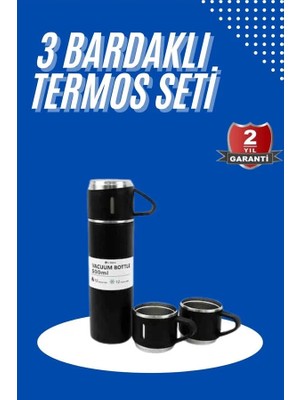 Vuralsin38 Termos Seti 3'lü Bardak Seti Isı Dayanıklı Siyah Paslanmaz Çelik Vakumlu