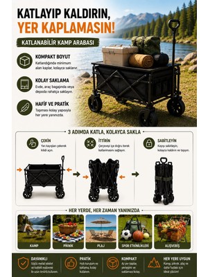 Vuralsin38 Katlanır Kamp Arabası 130 kg Kapasiteli Üst Tablalı Kalın Tekerlekli Çok Amaçlı Taşıma Arabası