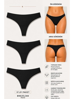 Ka Art Gallery 3lü BRAZİLİAN. Premium Pamuklu Basic Normal Bel Külot. Siyah